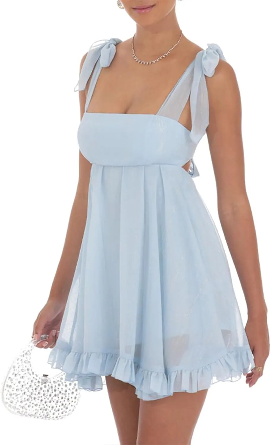 Women Y2k Lace Mini Dress Casual Backless Flowy A-Line Party Short Dress Ruffle Hem Tie Back Going Out Boho Sundress