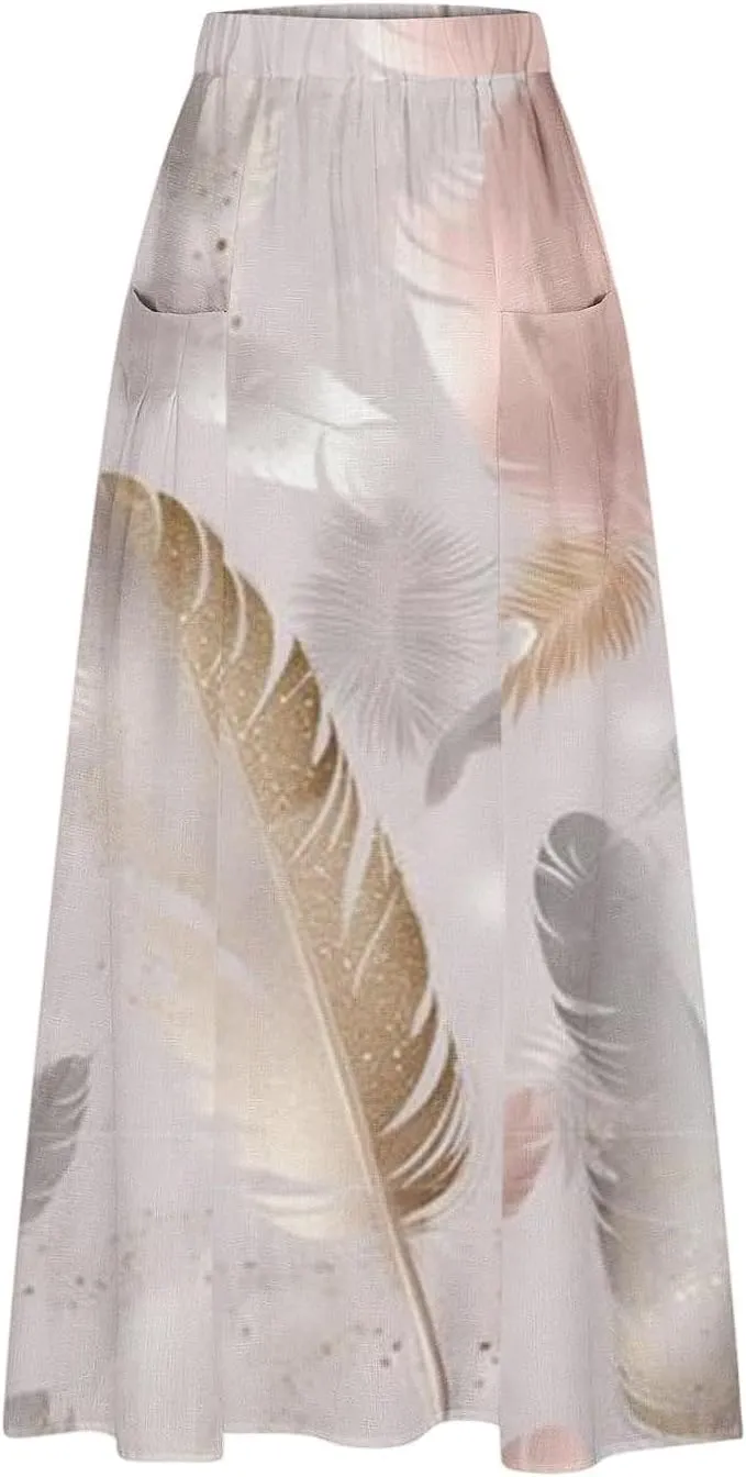 Women's 2024 Summer Printed Long Skirts Trendy Loose Fitted Skirt Pretty High Waist A-Line Maxi Skirt for Ladies