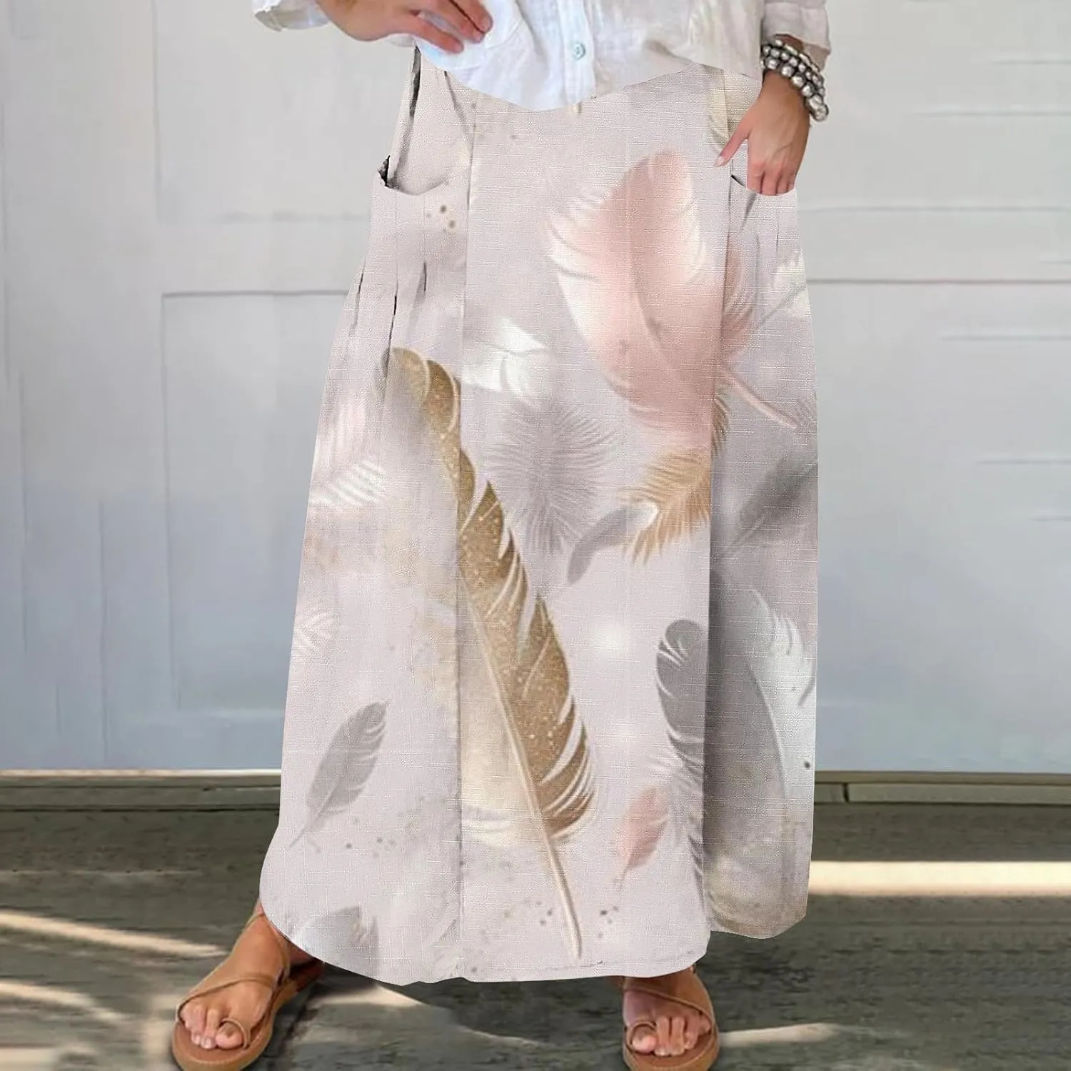 Women's 2024 Summer Printed Long Skirts Trendy Loose Fitted Skirt Pretty High Waist A-Line Maxi Skirt for Ladies