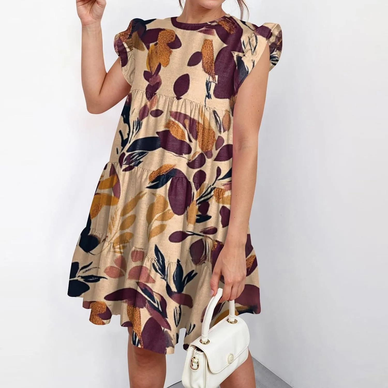 Womens 2025 Floral Summer Dress Crewneck Ruffled Hem Geometric Print Sundress with Stretchy Waist Beach Vacations