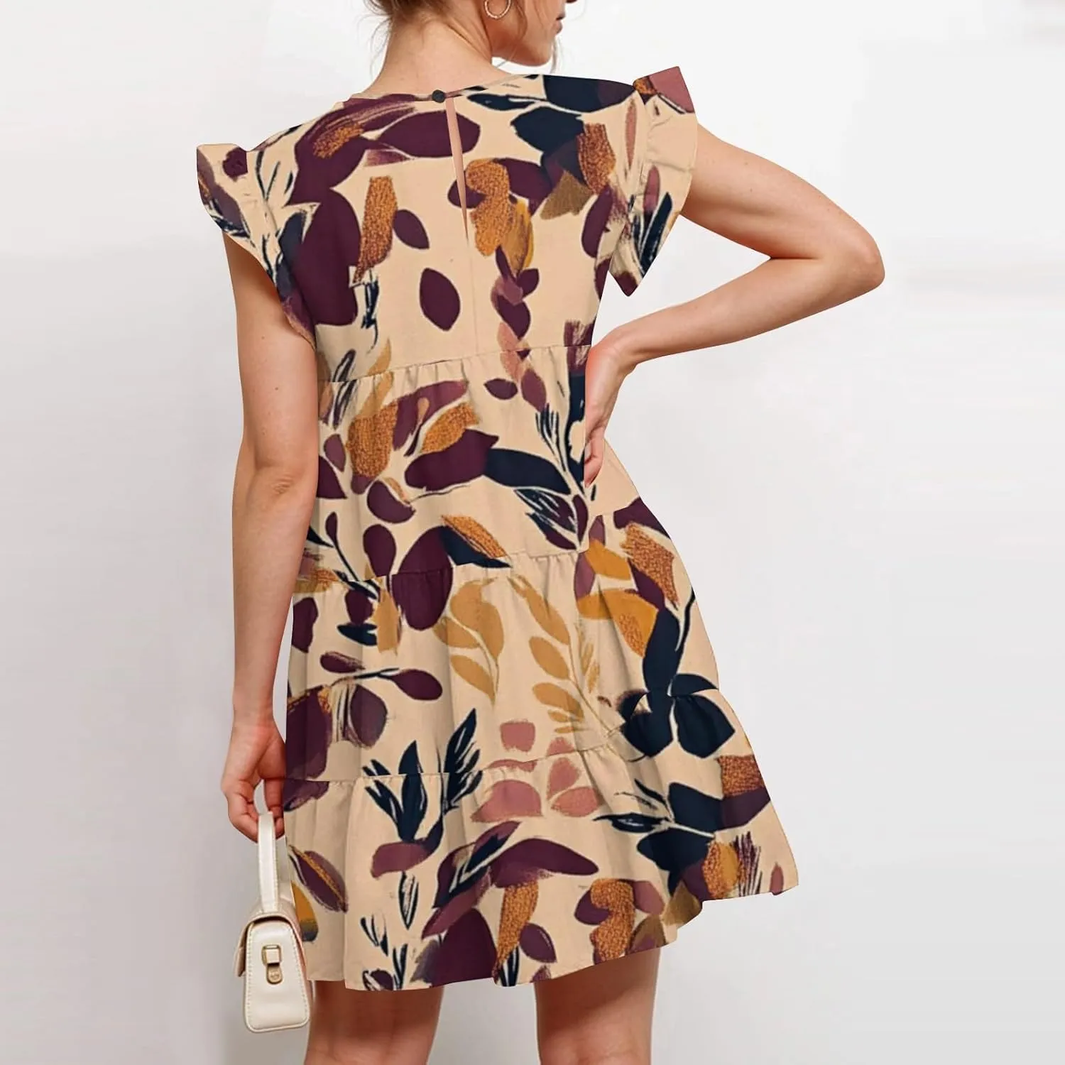 Womens 2025 Floral Summer Dress Crewneck Ruffled Hem Geometric Print Sundress with Stretchy Waist Beach Vacations