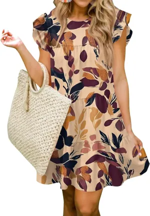 Womens 2025 Floral Summer Dress Crewneck Ruffled Hem Geometric Print Sundress with Stretchy Waist Beach Vacations
