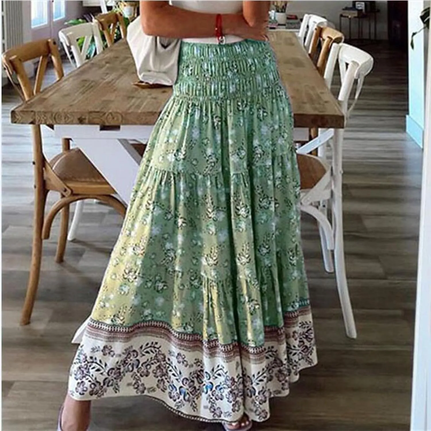 Women's 2025 Summer Bohemian Floral Printed Stretch Waist Tiered Pleated Swing Maxi Skirt with Pockets, S-2XL