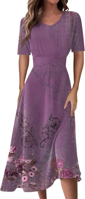 Women's 2025 Summer Casual Dresses Short Sleeve V Neck Flowy Loose Tiered Beach Swing Midi Dress