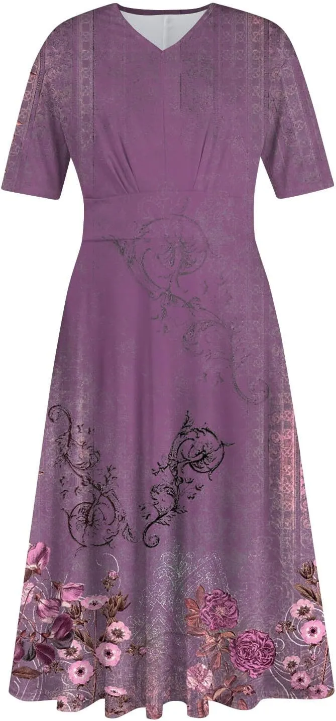 Women's 2025 Summer Casual Dresses Short Sleeve V Neck Flowy Loose Tiered Beach Swing Midi Dress