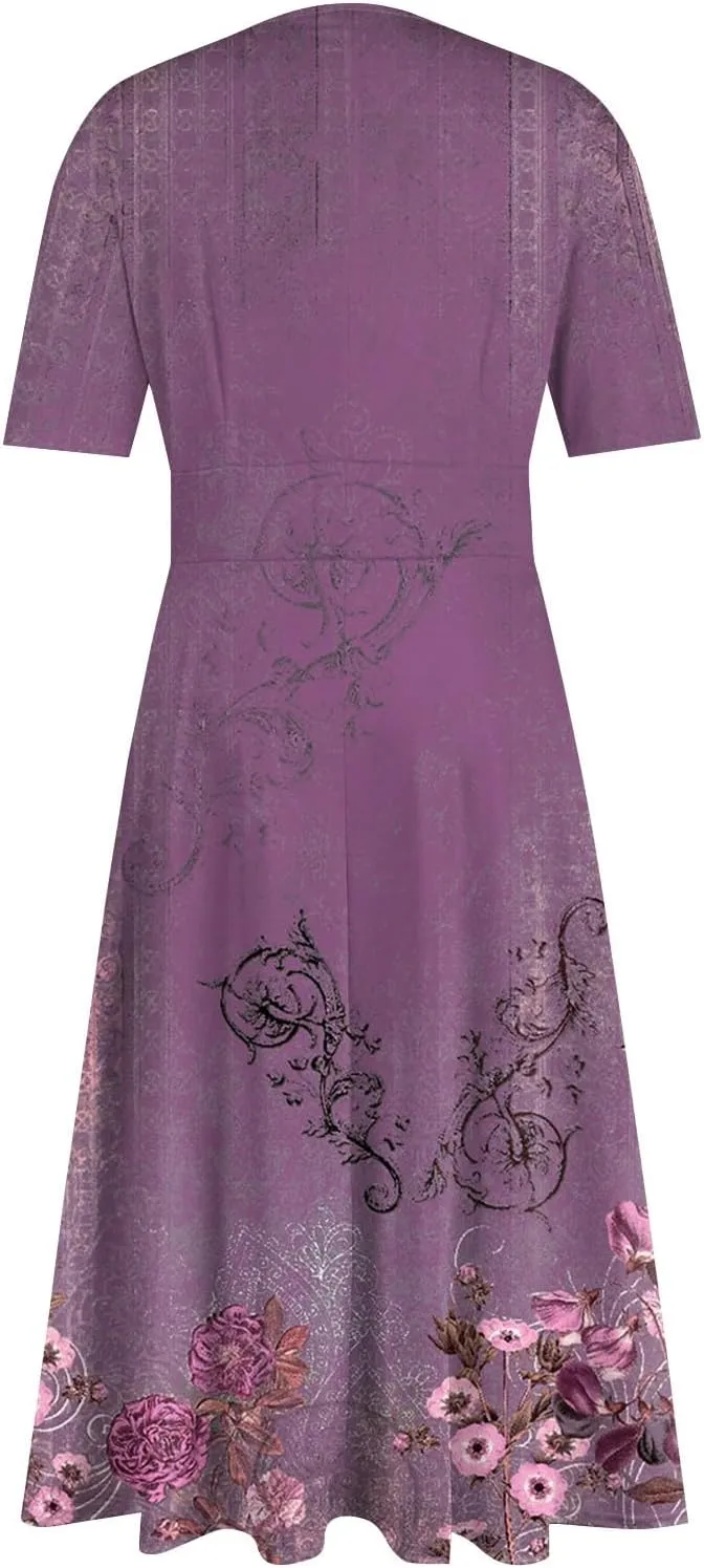 Women's 2025 Summer Casual Dresses Short Sleeve V Neck Flowy Loose Tiered Beach Swing Midi Dress