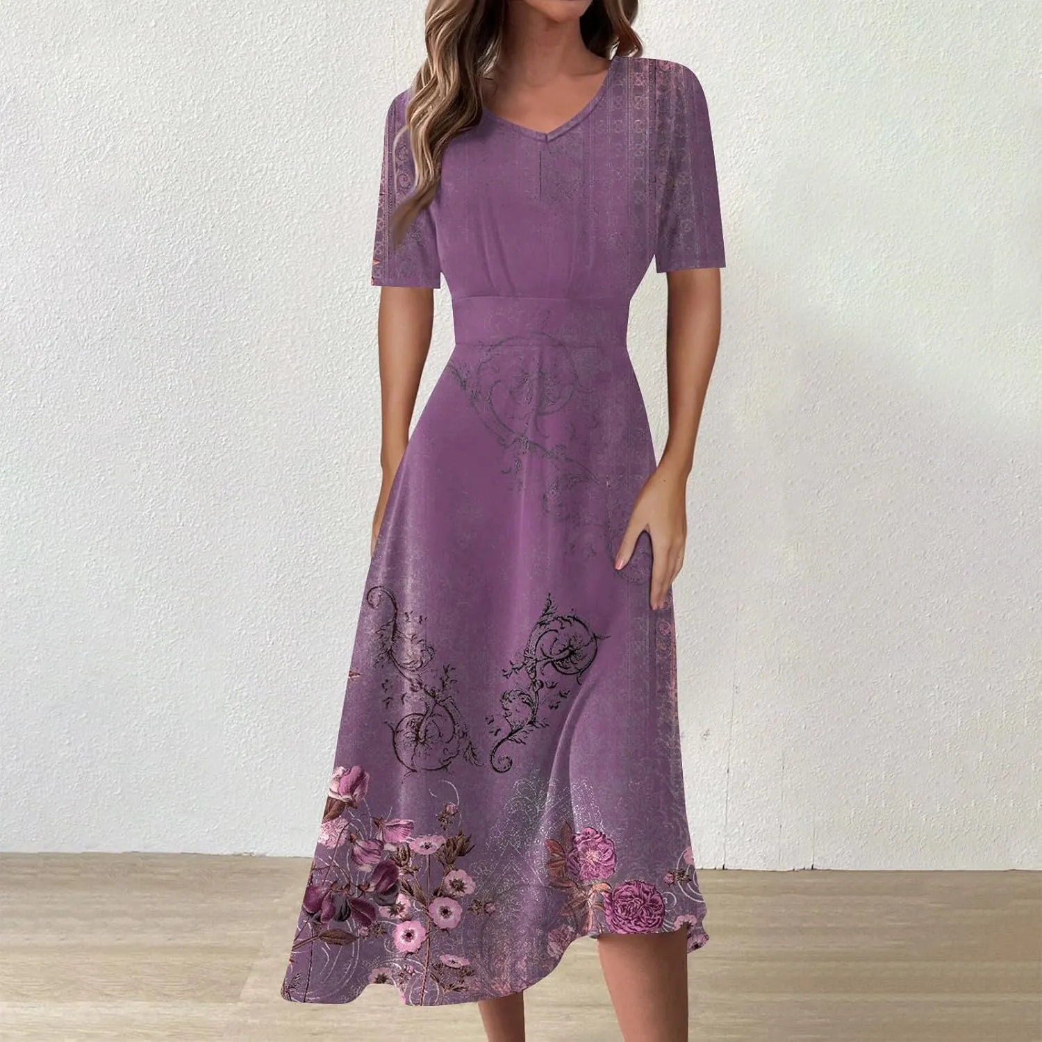 Women's 2025 Summer Casual Dresses Short Sleeve V Neck Flowy Loose Tiered Beach Swing Midi Dress