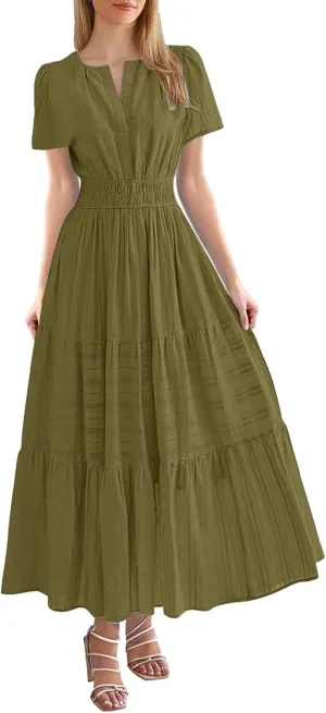 Womens 2025 Summer Puff Short Sleeve Midi Dress V Neck Floral Textured Ruffle Flowy Beach Party Dresses