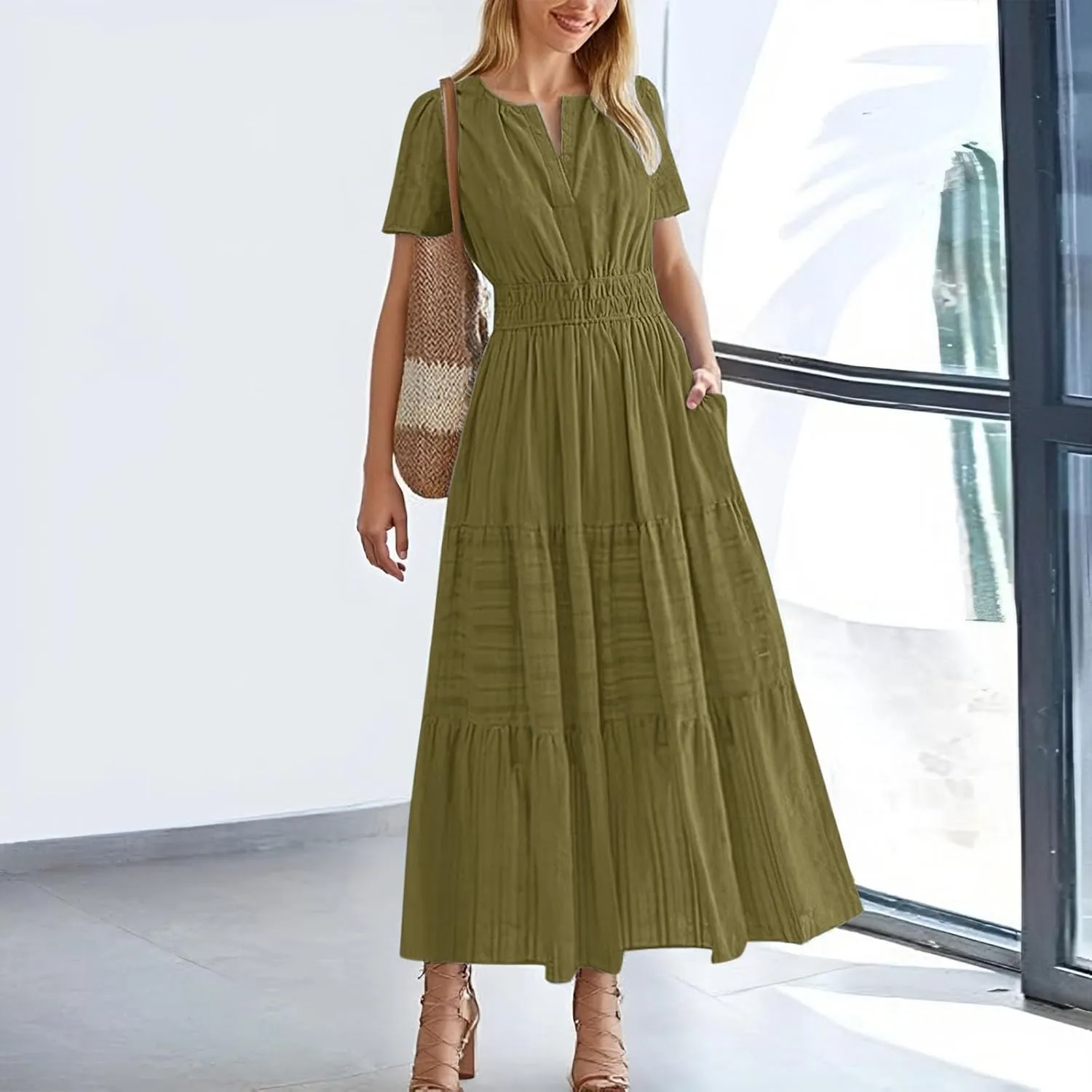 Womens 2025 Summer Puff Short Sleeve Midi Dress V Neck Floral Textured Ruffle Flowy Beach Party Dresses