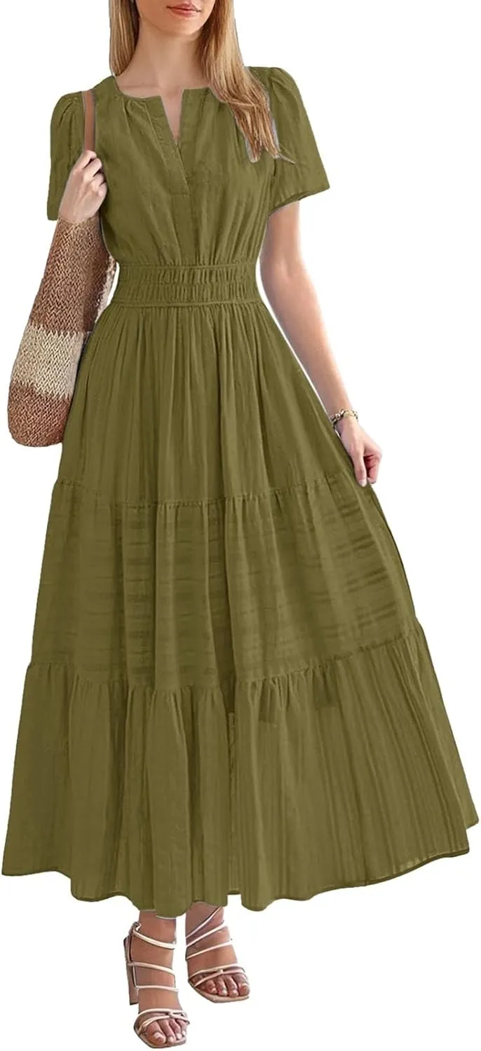 Womens 2025 Summer Puff Short Sleeve Midi Dress V Neck Floral Textured Ruffle Flowy Beach Party Dresses