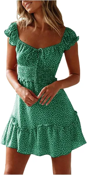 Womens 2025 Summer Ruffle Dress Casual Sexy Short Sleeve Boho Short Mini Beach Vacation Sundress