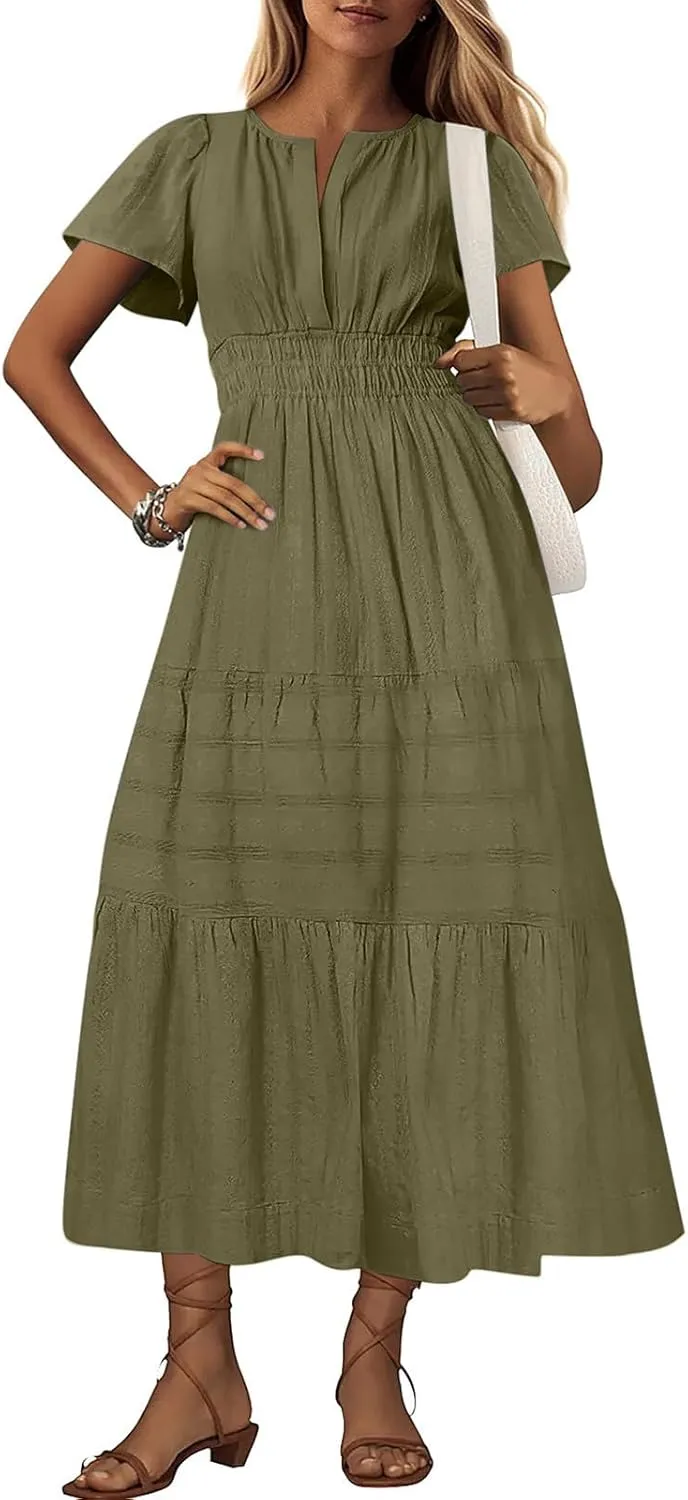 Women's 2025 Summer Short Sleeve V Neck Midi Dress Casual Loose Smocked Elastic Waist Boho Beach Swing Dresses