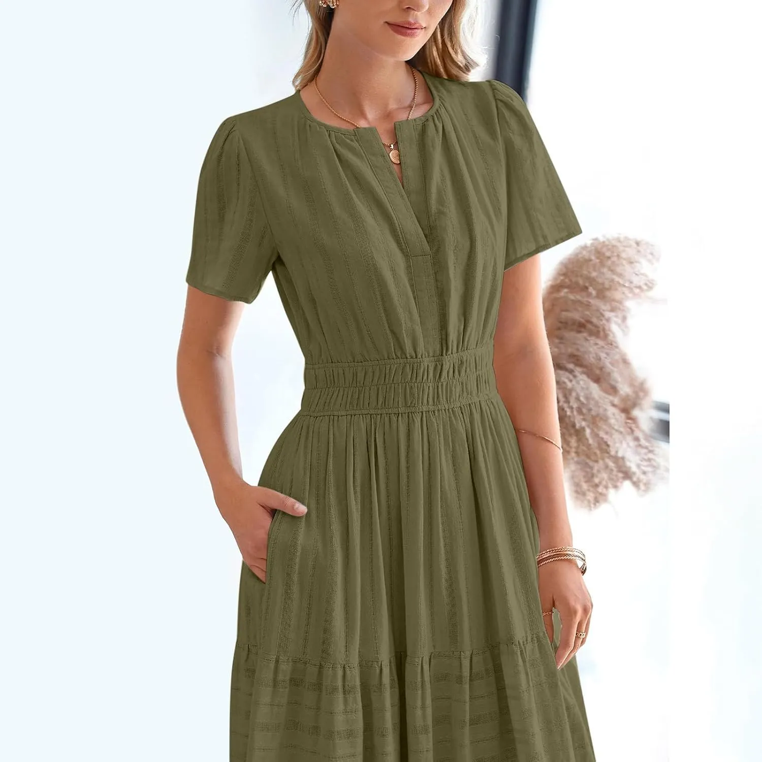 Women's 2025 Summer Short Sleeve V Neck Midi Dress Casual Loose Smocked Elastic Waist Boho Beach Swing Dresses