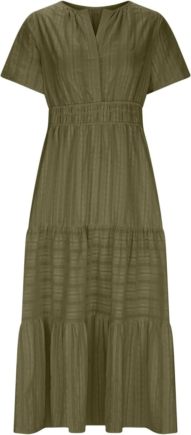 Women's 2025 Summer Short Sleeve V Neck Midi Dress Casual Loose Smocked Elastic Waist Boho Beach Swing Dresses