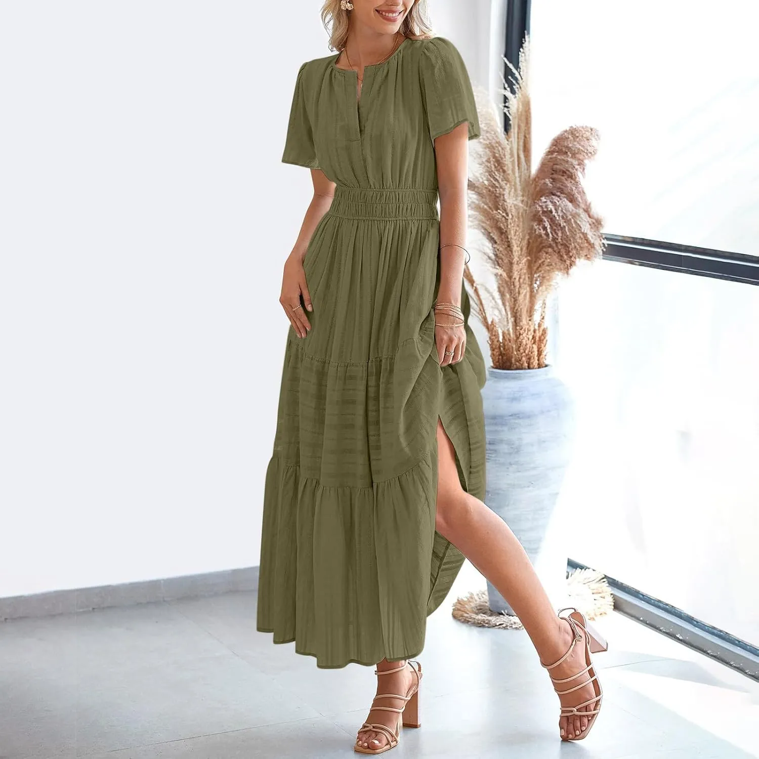 Women's 2025 Summer Short Sleeve V Neck Midi Dress Casual Loose Smocked Elastic Waist Boho Beach Swing Dresses