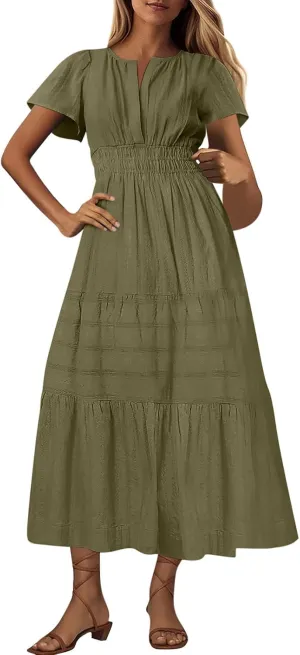 Women's 2025 Summer Short Sleeve V Neck Midi Dress Casual Loose Smocked Elastic Waist Boho Beach Swing Dresses