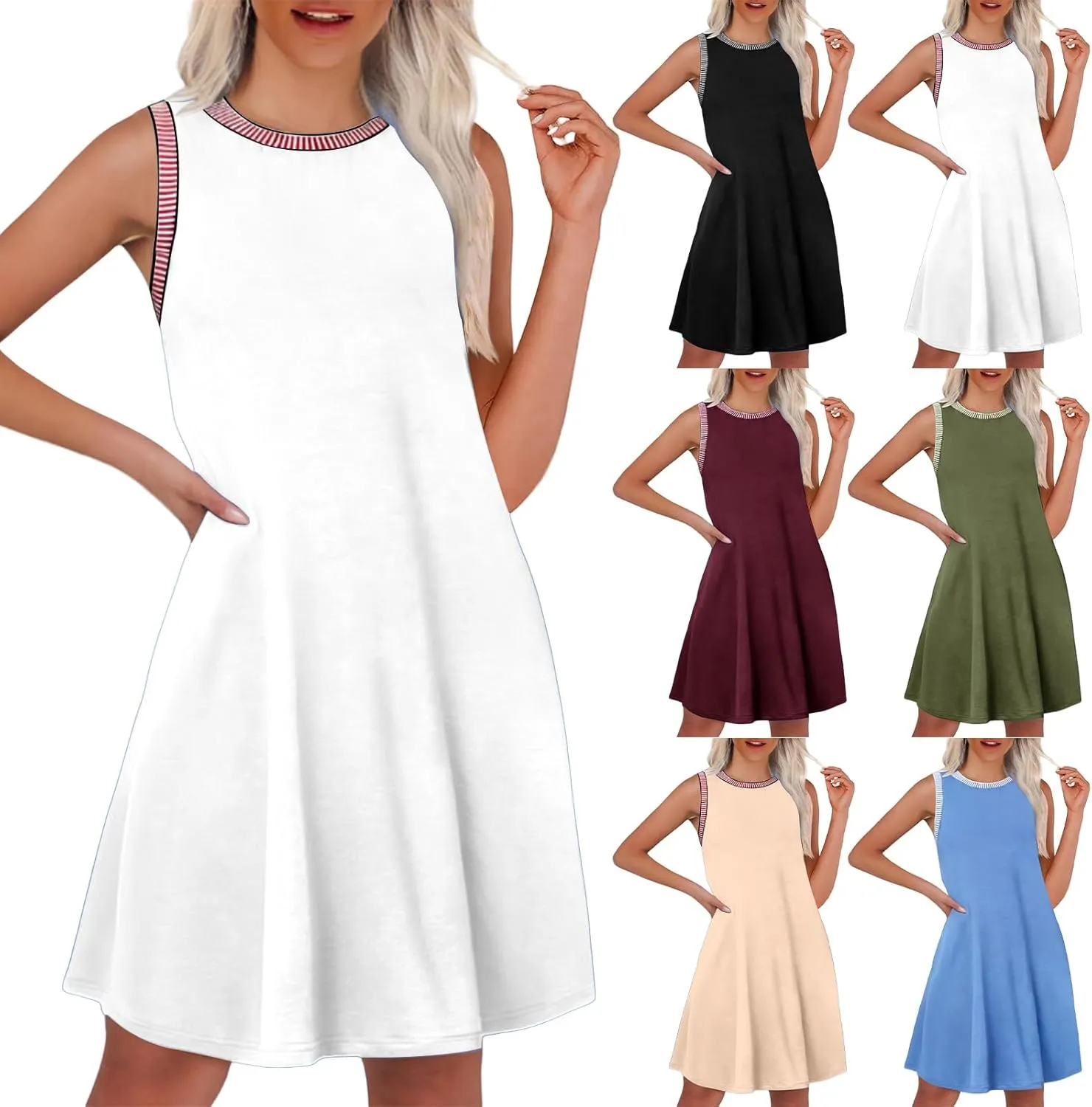 Women's 2025 Summer Sundress Ribbed Knit Sleeveless Crewneck A Line Mini Dress Casual Beach Vacation Dresses
