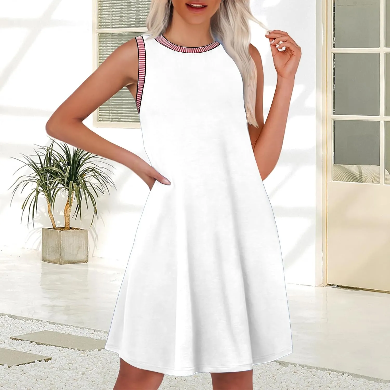 Women's 2025 Summer Sundress Ribbed Knit Sleeveless Crewneck A Line Mini Dress Casual Beach Vacation Dresses