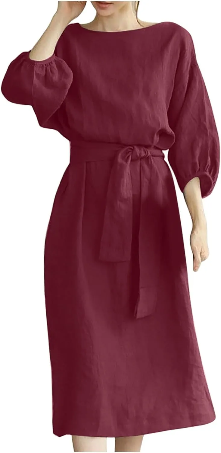 Women's 3/4 Length Sleeve Cotton Linen Summer Dresses Tie Front Sundress Loose Casual Lightweight Midi Dresse