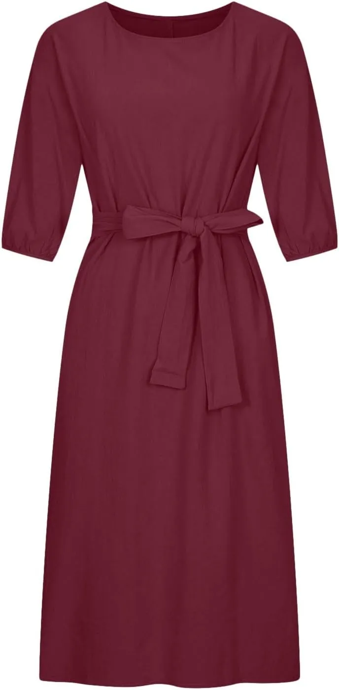 Women's 3/4 Length Sleeve Cotton Linen Summer Dresses Tie Front Sundress Loose Casual Lightweight Midi Dresse