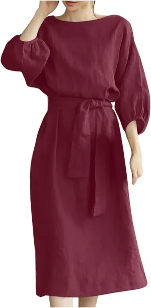 Women's 3/4 Length Sleeve Cotton Linen Summer Dresses Tie Front Sundress Loose Casual Lightweight Midi Dresse