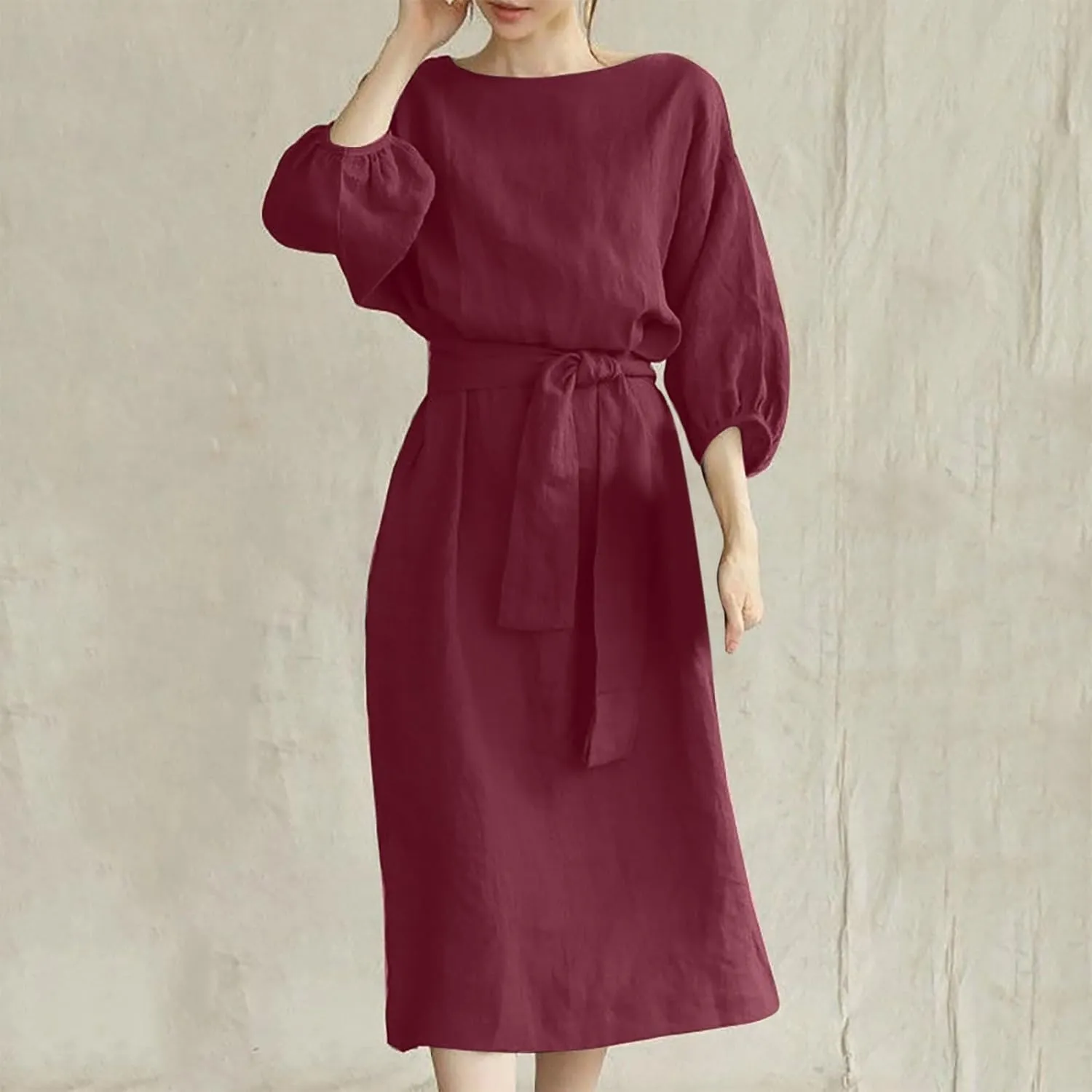 Women's 3/4 Length Sleeve Cotton Linen Summer Dresses Tie Front Sundress Loose Casual Lightweight Midi Dresse