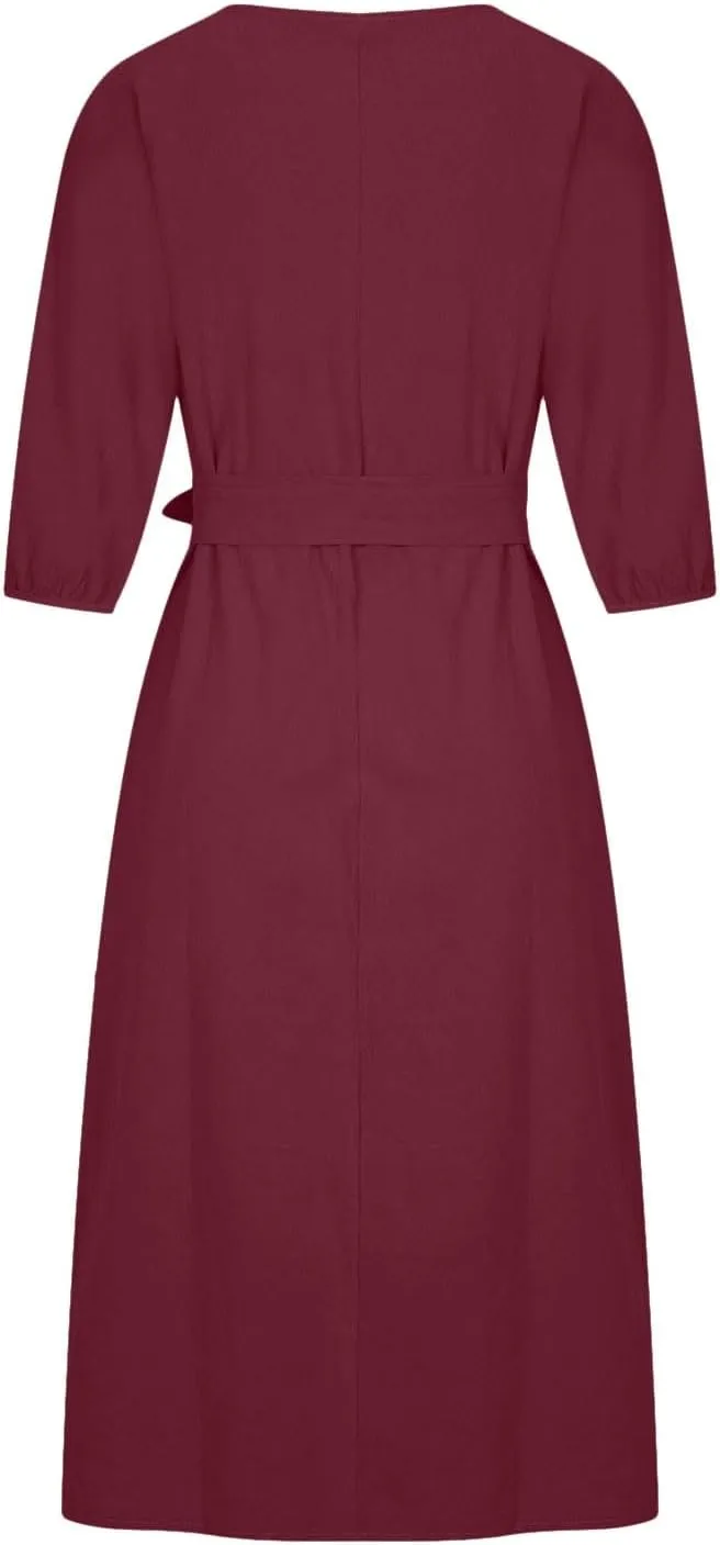 Women's 3/4 Length Sleeve Cotton Linen Summer Dresses Tie Front Sundress Loose Casual Lightweight Midi Dresse