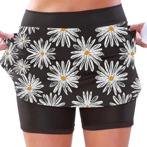 Women's Athletic Skorts Floral Printed Stretch Tummy Control Tight Tennis Skirts 2 in 1 Golf Gym Running Yoga Summer Shorts