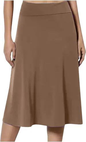 Womens Basic Solid Midi Skirts Casual Knee Length A-Line Skirt Lightweight Flare Pull On Closure Skirt Plus Size 3XL