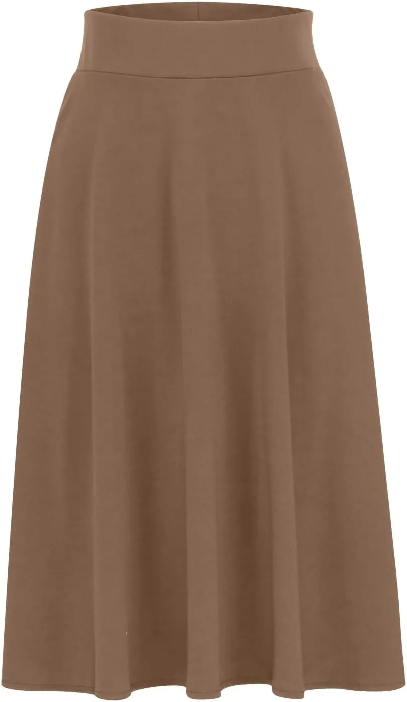 Womens Basic Solid Midi Skirts Casual Knee Length A-Line Skirt Lightweight Flare Pull On Closure Skirt Plus Size 3XL
