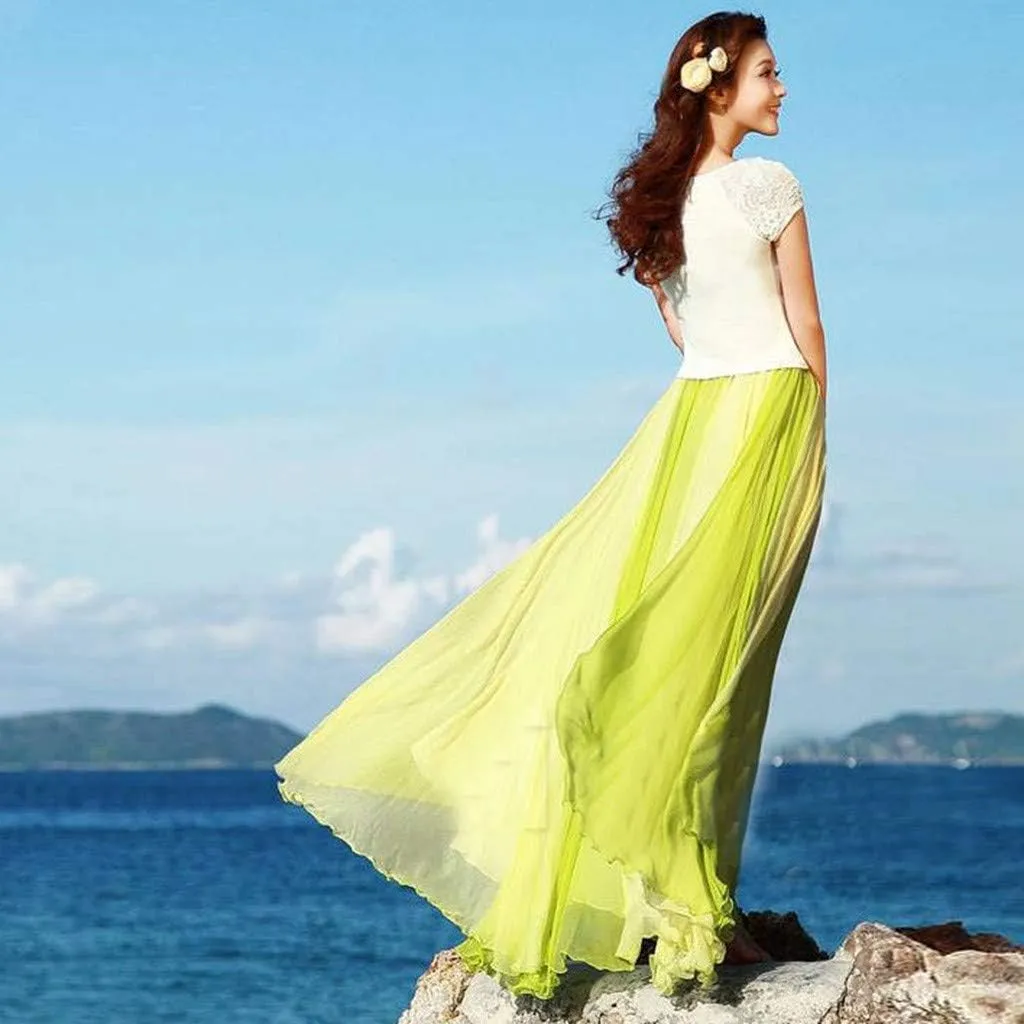 Women's Beach Maxi Skirts Elastic Waist Flowy Long Skirts Casual Lightweight Boho Chiffon Pleated A-Line Swing Skirts