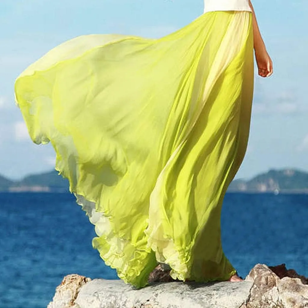 Women's Beach Maxi Skirts Elastic Waist Flowy Long Skirts Casual Lightweight Boho Chiffon Pleated A-Line Swing Skirts