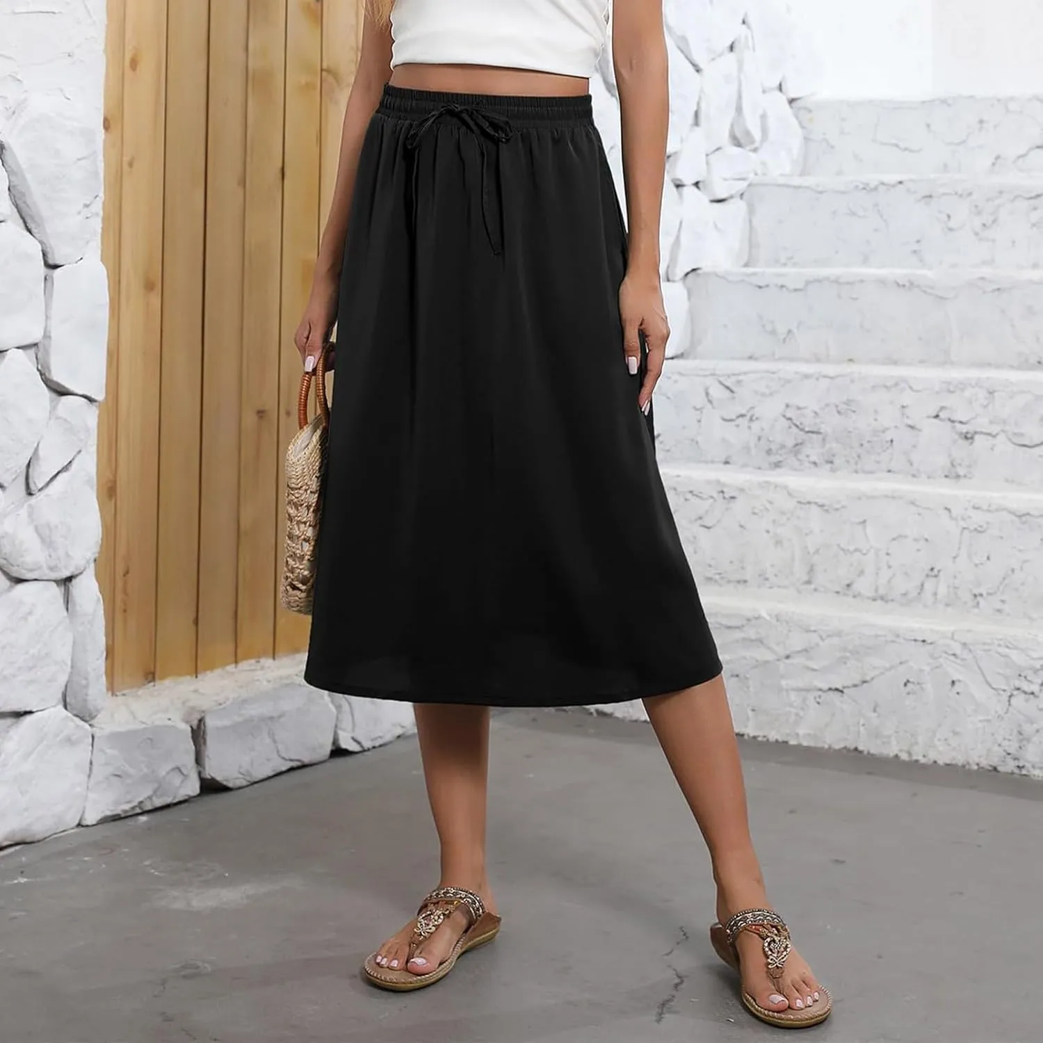 Women's Beach Vacation Clothes Casual Loose Trendy Elastic High Waist Floral Print Bohemian Maxi Skirts 2025, S-2XL