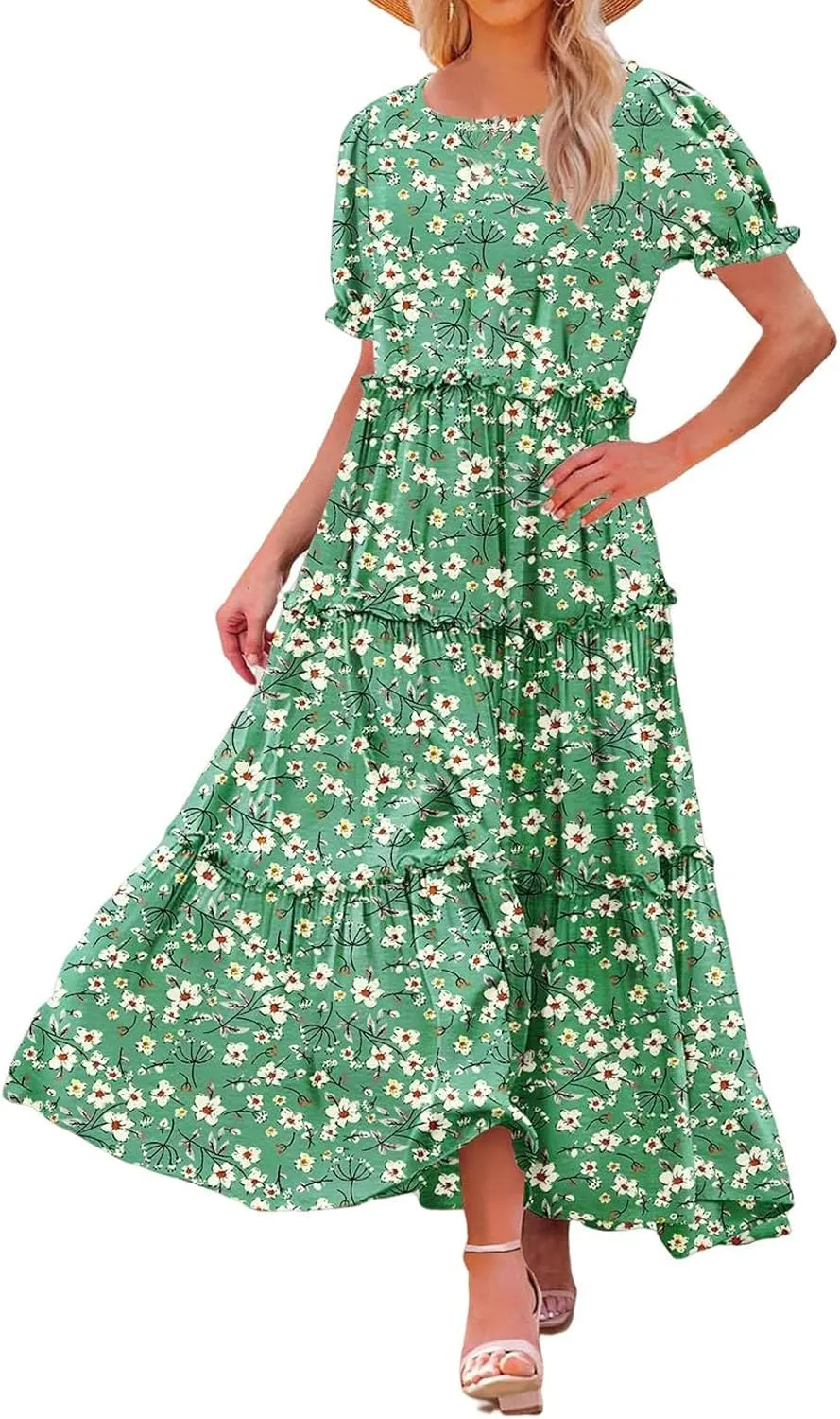 Womens Bohemian Floral Dresses Fashion Puff Short Sleeves O-Neck Casual Ruffles Layered Patchwork Maxi Swing Dress