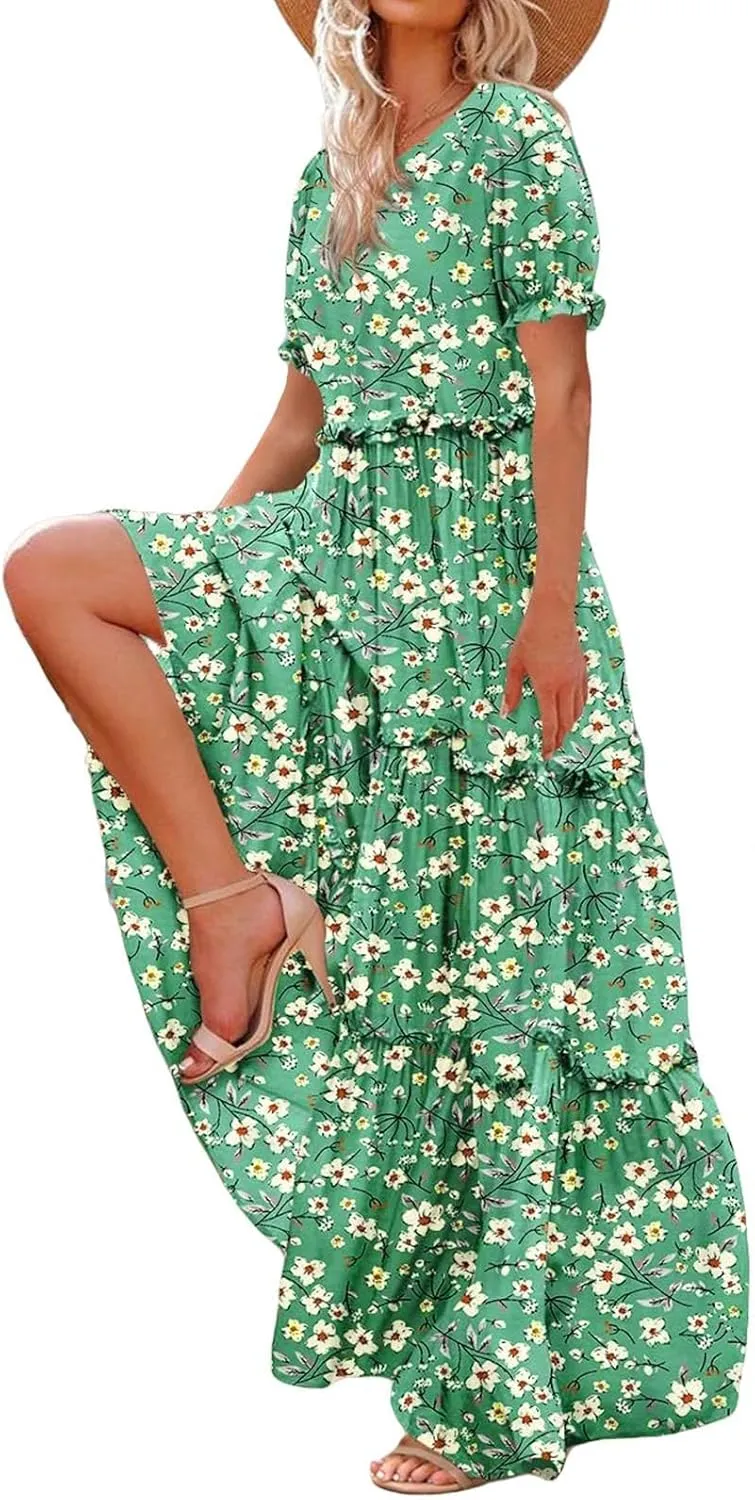 Womens Bohemian Floral Dresses Fashion Puff Short Sleeves O-Neck Casual Ruffles Layered Patchwork Maxi Swing Dress