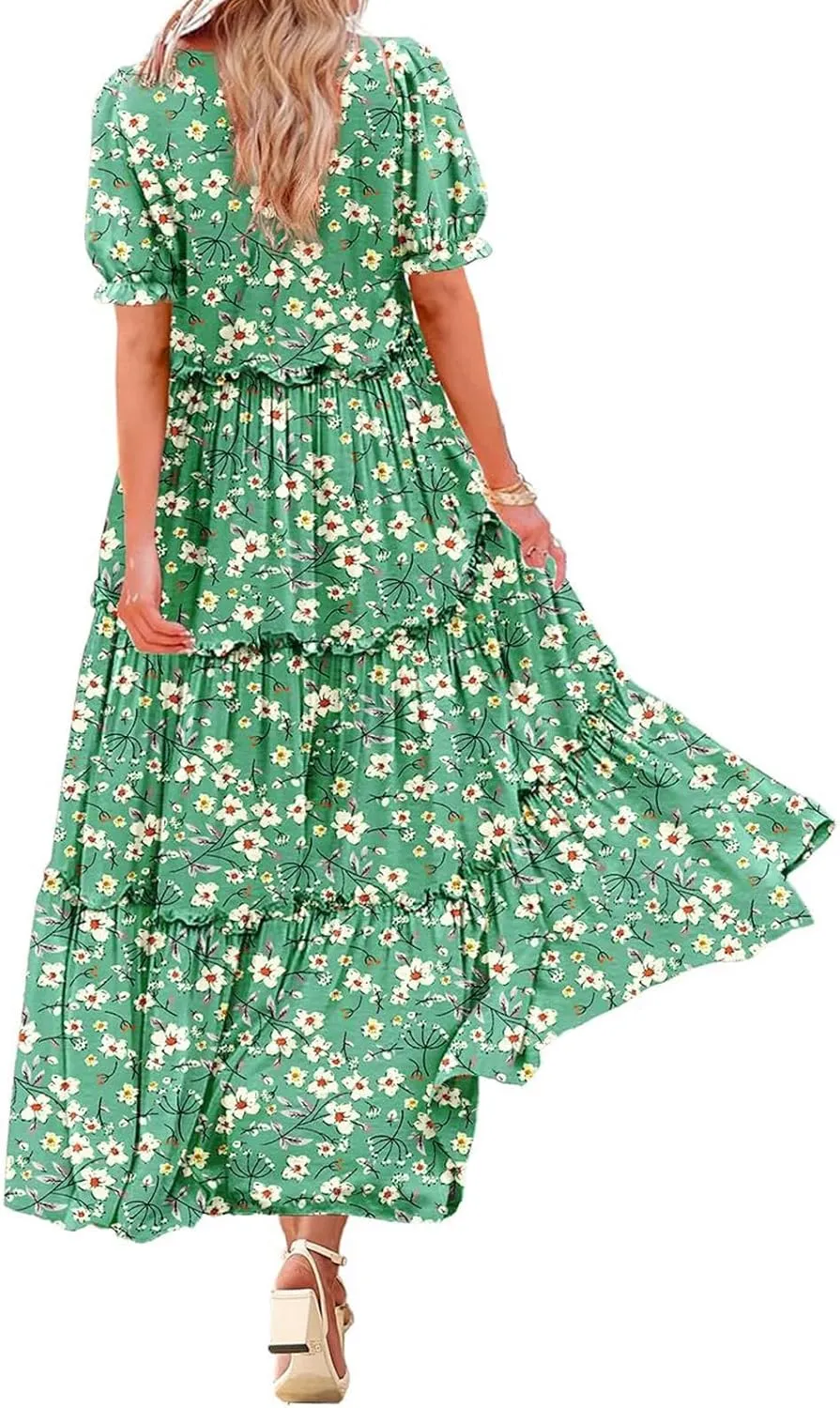 Womens Bohemian Floral Dresses Fashion Puff Short Sleeves O-Neck Casual Ruffles Layered Patchwork Maxi Swing Dress