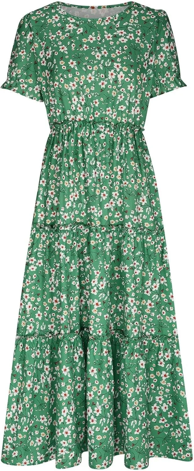 Womens Bohemian Floral Dresses Fashion Puff Short Sleeves O-Neck Casual Ruffles Layered Patchwork Maxi Swing Dress