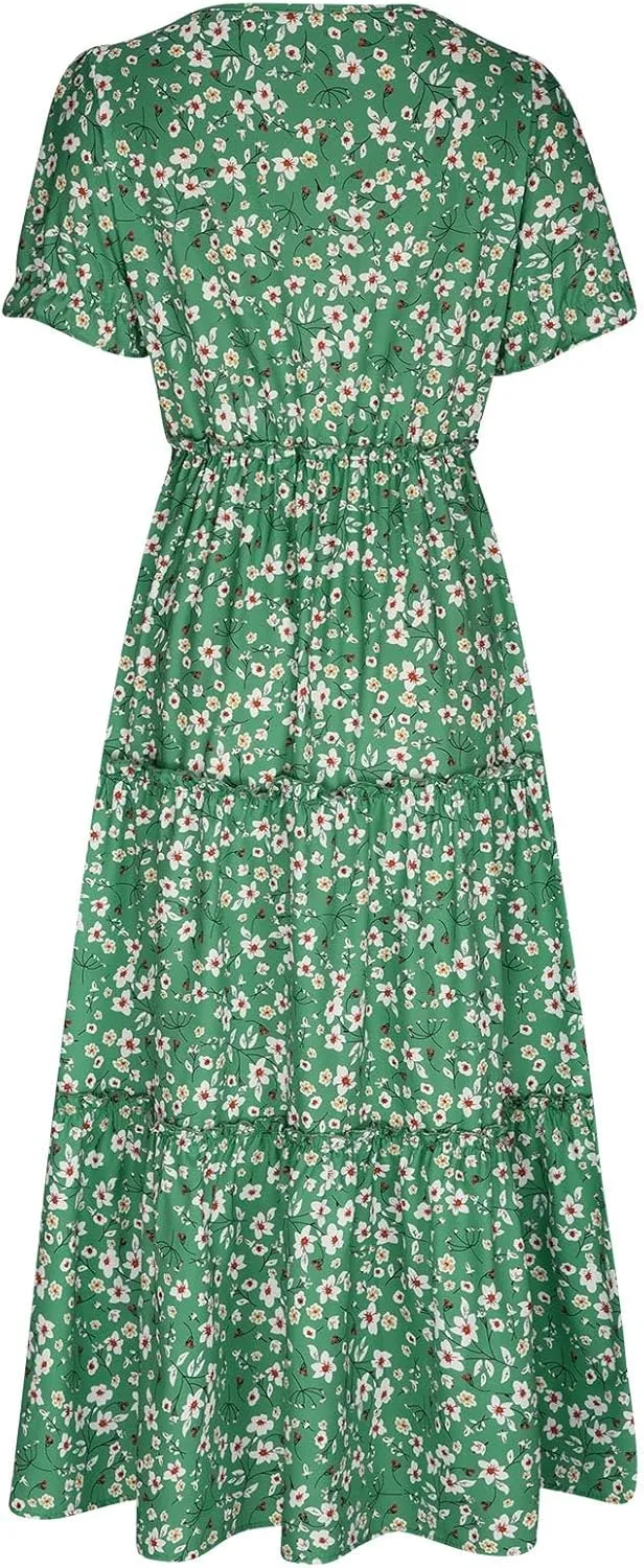 Womens Bohemian Floral Dresses Fashion Puff Short Sleeves O-Neck Casual Ruffles Layered Patchwork Maxi Swing Dress