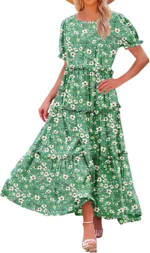 Womens Bohemian Floral Dresses Fashion Puff Short Sleeves O-Neck Casual Ruffles Layered Patchwork Maxi Swing Dress