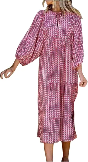 Womens Bohemian Puff Sleeve Maxi Dresses Casual Tiered Ruffle Floral Boho Dress Ankle Length V-Neck Vacation Outfits
