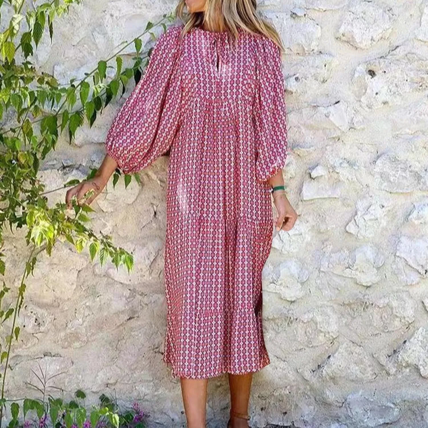 Womens Bohemian Puff Sleeve Maxi Dresses Casual Tiered Ruffle Floral Boho Dress Ankle Length V-Neck Vacation Outfits