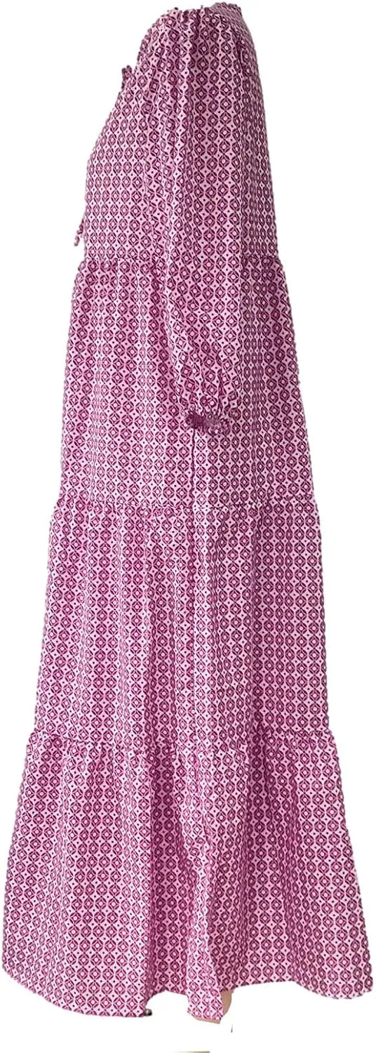 Womens Bohemian Puff Sleeve Maxi Dresses Casual Tiered Ruffle Floral Boho Dress Ankle Length V-Neck Vacation Outfits