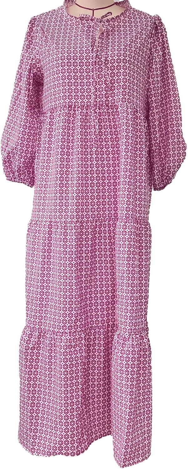 Womens Bohemian Puff Sleeve Maxi Dresses Casual Tiered Ruffle Floral Boho Dress Ankle Length V-Neck Vacation Outfits