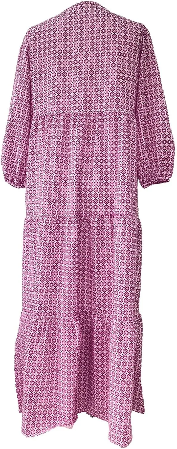 Womens Bohemian Puff Sleeve Maxi Dresses Casual Tiered Ruffle Floral Boho Dress Ankle Length V-Neck Vacation Outfits