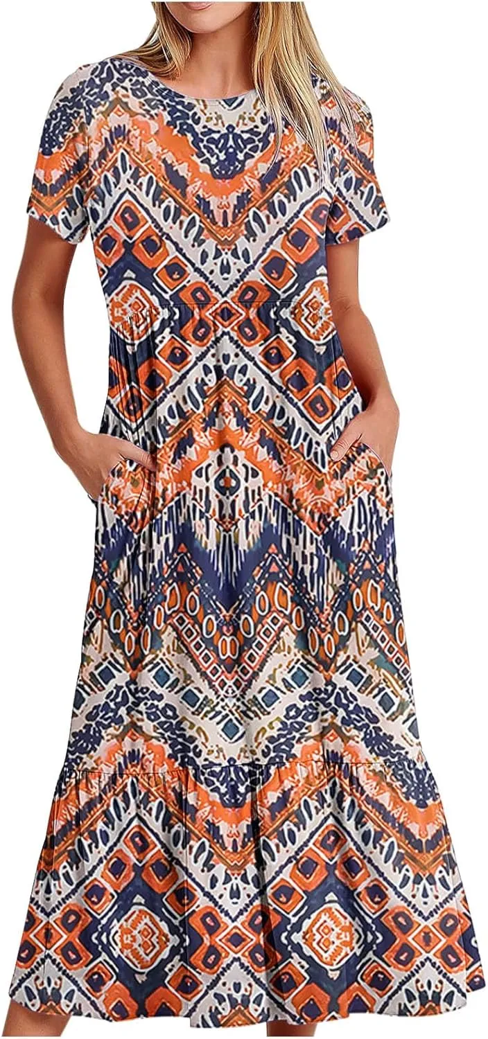 Womens Boho Floral Dresses with Pockets Casual Short Sleeve Crewneck Swing Ruffle Maxi Dress 2025 Summer Sundresses