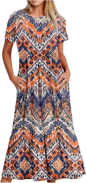 Womens Boho Floral Dresses with Pockets Casual Short Sleeve Crewneck Swing Ruffle Maxi Dress 2025 Summer Sundresses