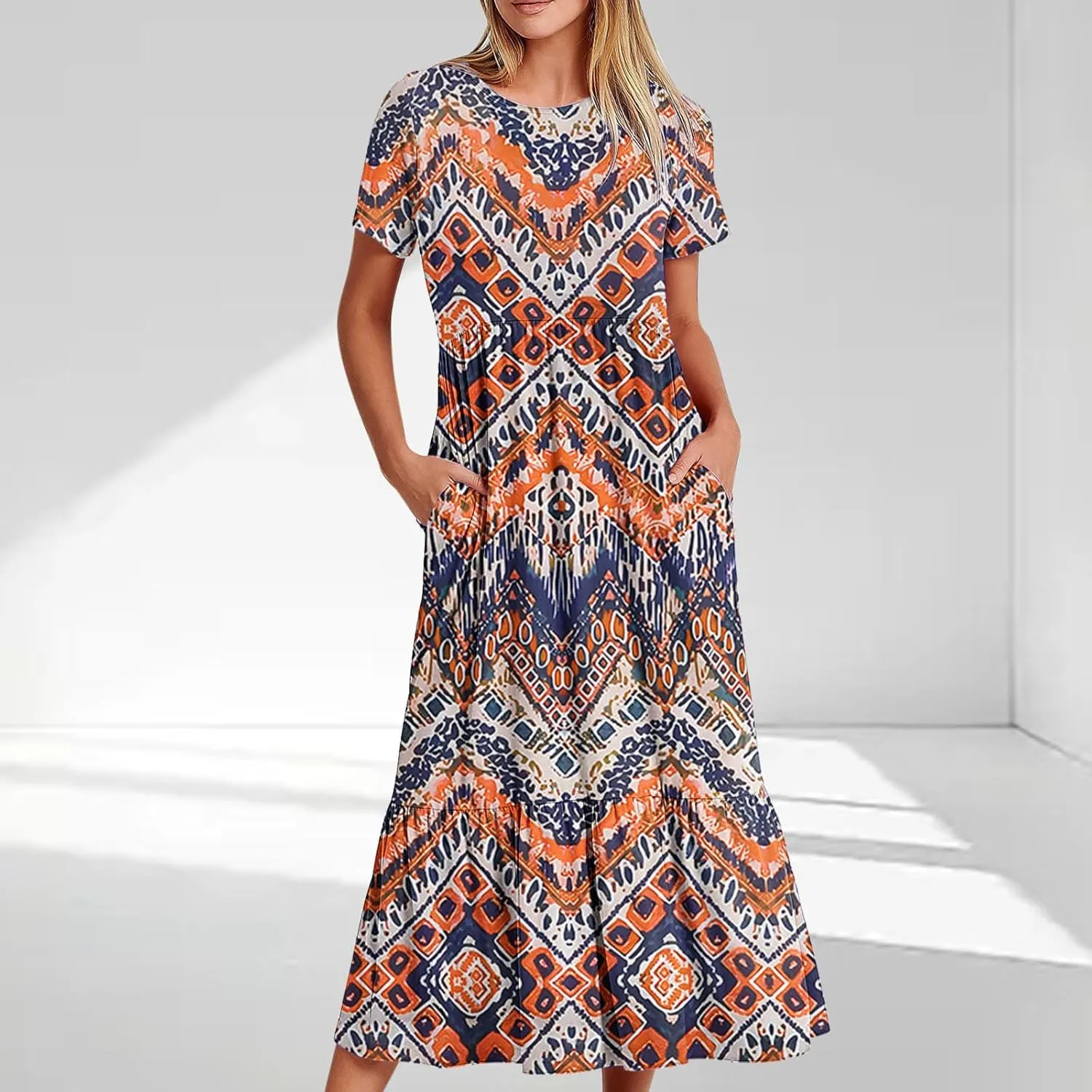 Womens Boho Floral Dresses with Pockets Casual Short Sleeve Crewneck Swing Ruffle Maxi Dress 2025 Summer Sundresses