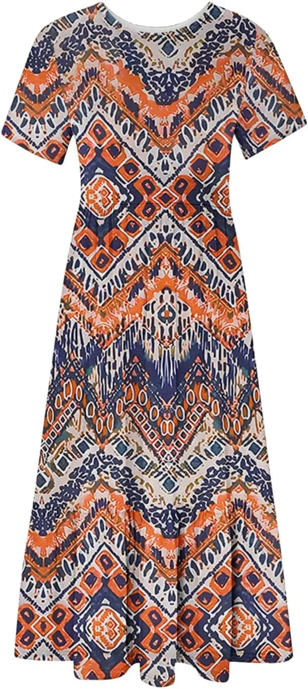 Womens Boho Floral Dresses with Pockets Casual Short Sleeve Crewneck Swing Ruffle Maxi Dress 2025 Summer Sundresses