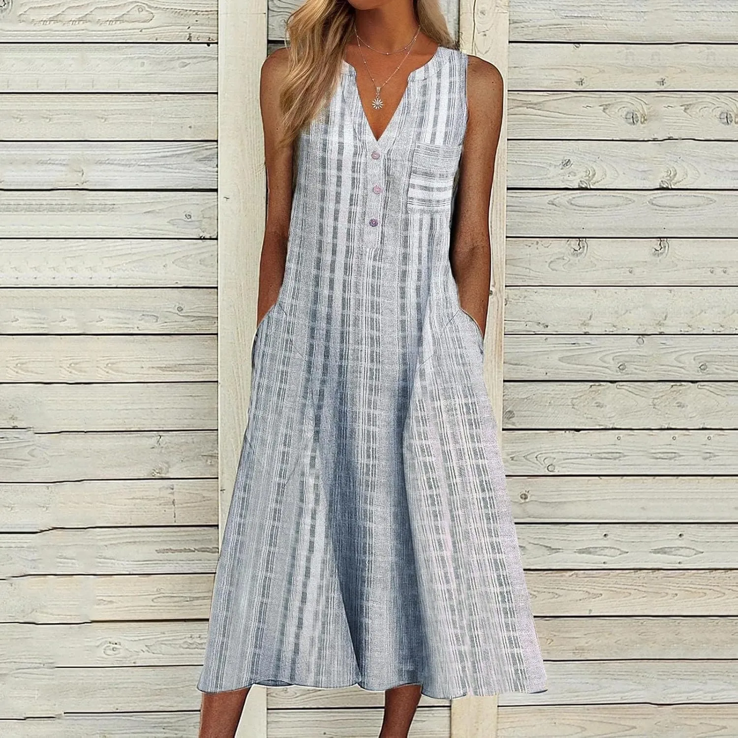 Women's Boho Floral Striped Polka Dot Tank Dress Summer V Neck Button Down Sleeveless Midi Dresses Casual Sundress