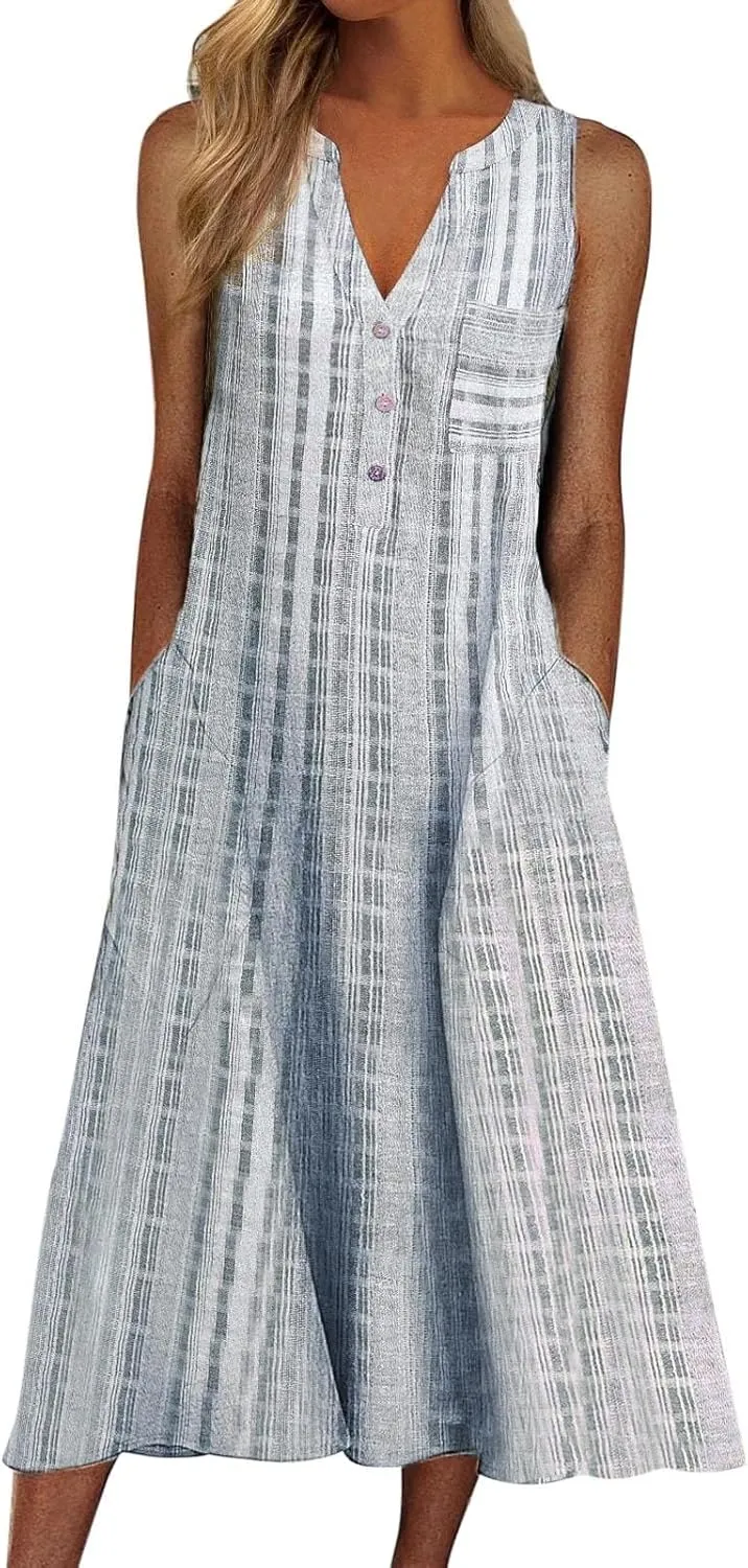 Women's Boho Floral Striped Polka Dot Tank Dress Summer V Neck Button Down Sleeveless Midi Dresses Casual Sundress